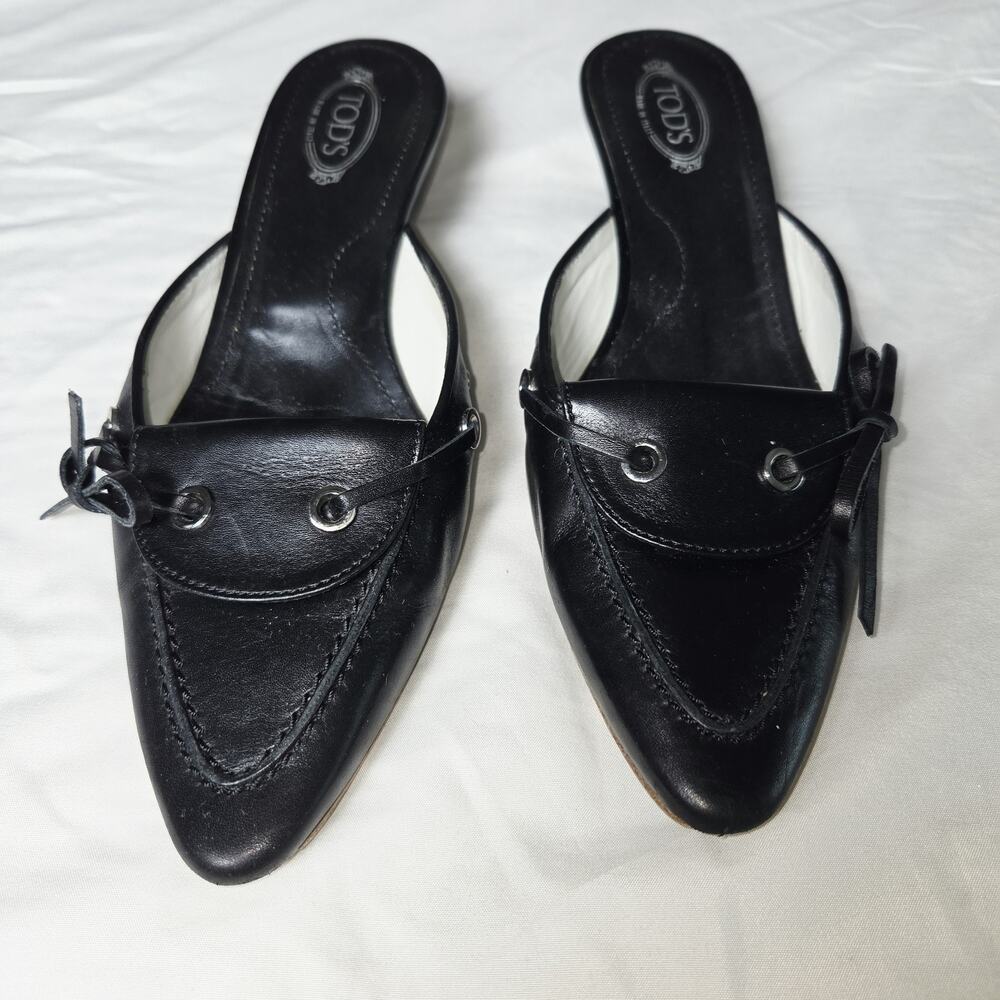 Tod’s Black Leather Backless Pointed Toe Lace Up Mule Kitten Heels Womens 6.5 - Picture 4 of 15